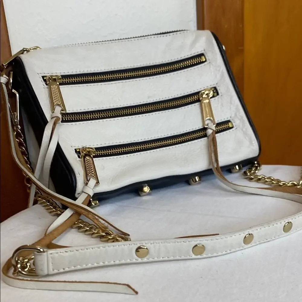 Rebecca Minkoff White Black Leather Bag Tiered Zippers Gold Hardware Crossbody